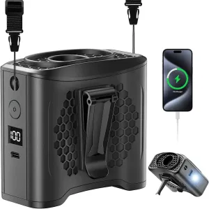 2025 Portable Fan Rechargeable,4 Speeds 13000RPM Strong Airflow with 10000mAh Battery & Mobile Charging, Hands Free Fan for Neck/Desk, SOS Light, LCD Display, Type-C Fast Charge, Outdoor Trave-Black Waist-mounted portable fan for outdoor use