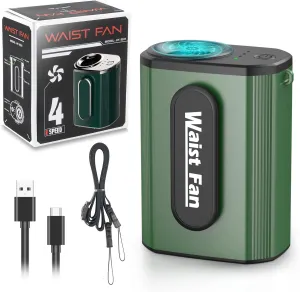 2025 Portable Waist Fan Rechargeable - 4-Speed 17500RPM High-Power Personal Fan, Wearable Lightweight Hands-Free Belt & Neck Fan, Under Shirt Cooling for Outdoor Work, Camping, Jobsite(Green) Waist-mounted portable fan for outdoor use