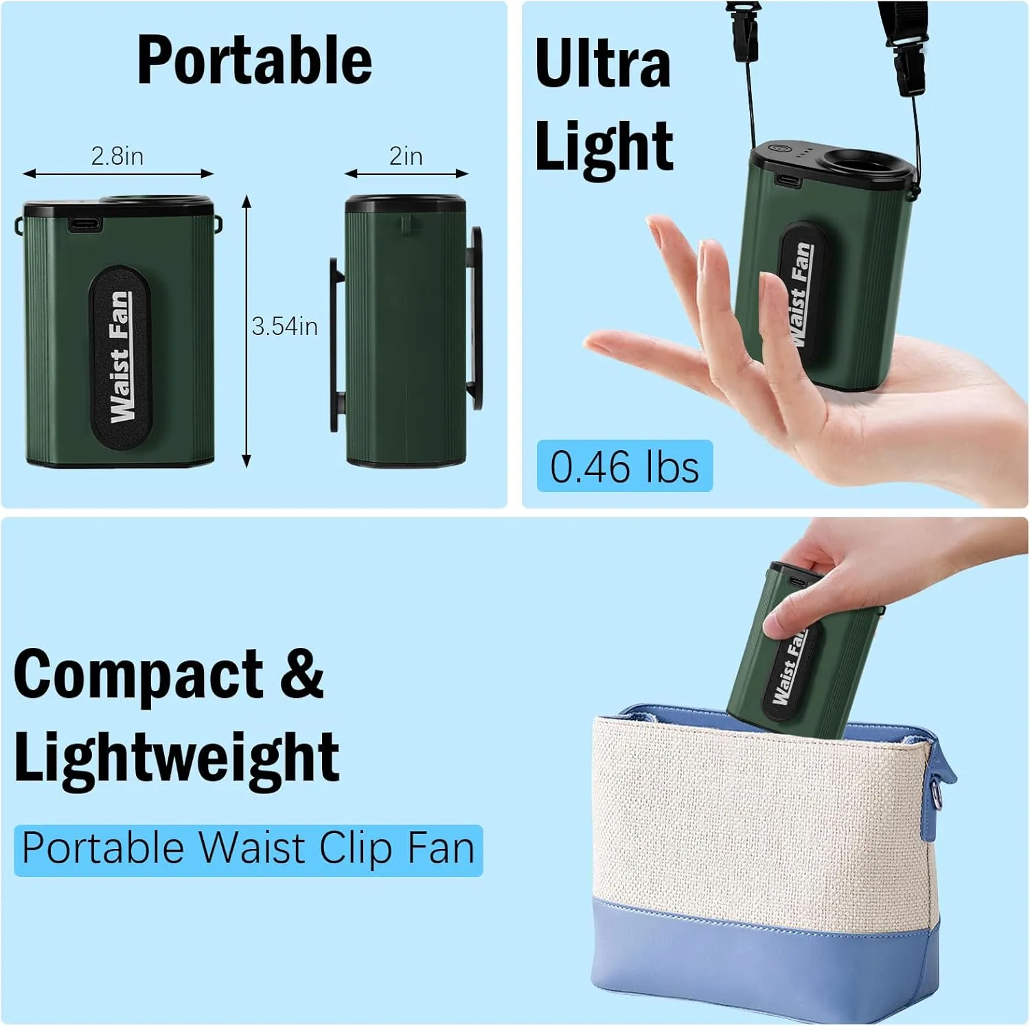 2025 Portable Waist Fan Rechargeable - 4-Speed 17500RPM High-Power Personal Fan, Wearable Lightweight Hands-Free Belt & Neck Fan, Under Shirt Cooling for Outdoor Work, Camping, Jobsite(Green)