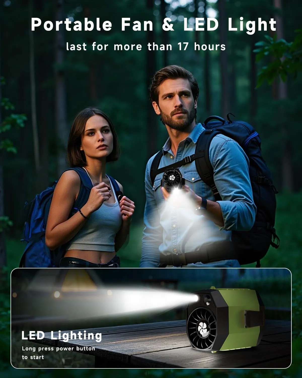 2025 Smart Portable Rechargeable Fan with LED Light & 25H Runtime, 4-Speed 9200RPM Turbo Cooling Personal Waist Fan, Wearable Neck & Belt Clip for Camping, Outdoor, Hiking - Green