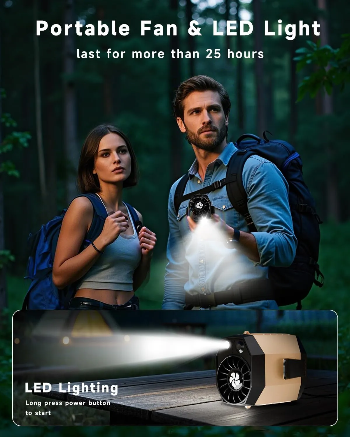 2025 Smart Portable Rechargeable Fan with LED Light & 25H Runtime, 4-Speed 9200RPM Turbo Cooling Personal Waist Fan, Wearable Neck & Belt Clip for Camping, Outdoor, Hiking - Khaki