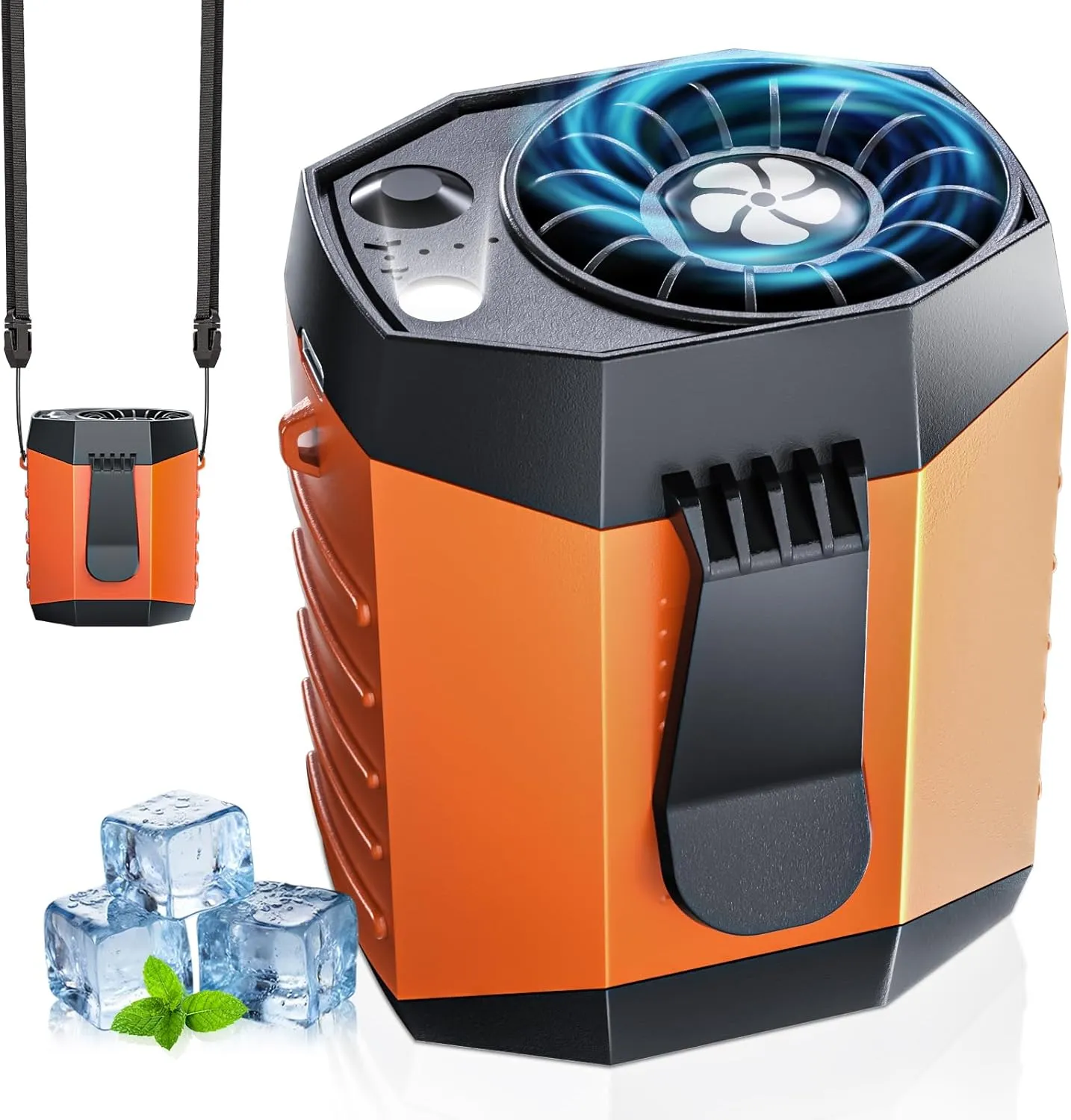 2025 Smart Portable Rechargeable Fan with LED Light & 25H Runtime, 4-Speed 9200RPM Turbo Cooling Personal Waist Fan, Wearable Neck & Belt Clip for Camping, Outdoor, Hiking - Orange Waist-mounted portable fan for outdoor use