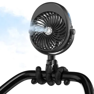 2025 Upgarded 4000mAh Misting Baby Stroller Fan, Rechargeable Battery Operated,Max 15Hrs Cooling,50ml Portable Water Sprayer Misting Fan with Flexible Tripod Clip on Car Seat Crib Treadmill Bunk Bed 360-degree rotating fan for home use