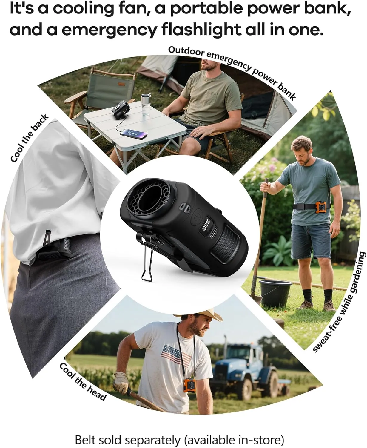2025 Upgrade Portable Waist Fan Clip on 10000mAh Body Wearable Belt Clip Fan Undershirt Personal Cooling Neck Fans with 5 Speeds Flashlight&Power Bank 40H Cooling For Outdoor Camping Travel (Black)