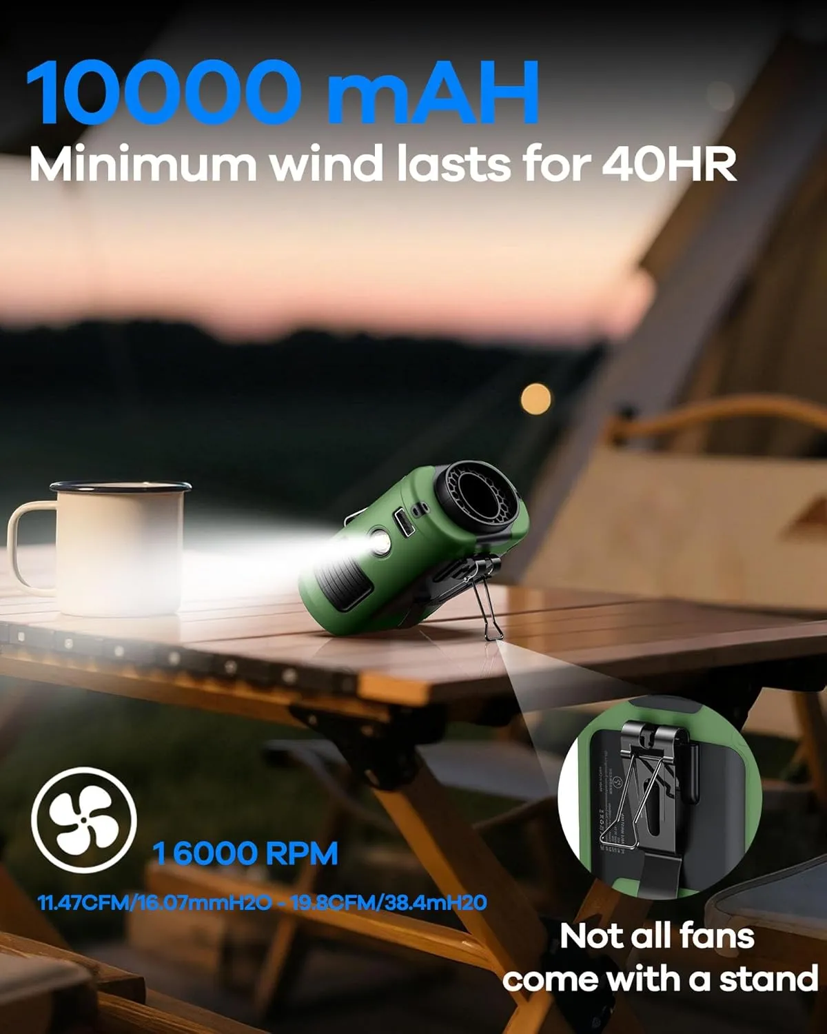 2025 Upgrade Portable Waist Fan Clip on 10000mAh Body Wearable Belt Clip Fan Undershirt Personal Cooling Neck Fans with 5 Speeds Flashlight&Power Bank 40H Cooling For Outdoor Camping Travel (Green)