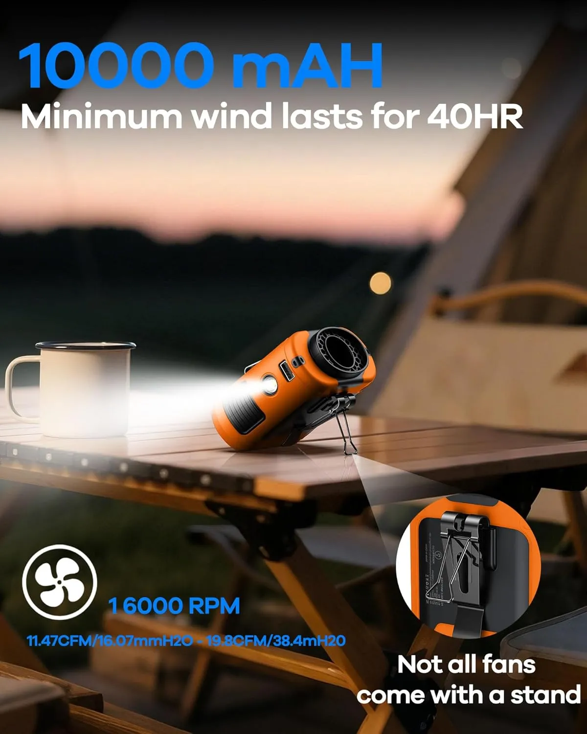 2025 Upgrade Portable Waist Fan Clip on 10000mAh Body Wearable Belt Clip Fan Undershirt Personal Cooling Neck Fans with 5 Speeds Flashlight&Power Bank 40H Cooling For Outdoor Camping Travel (Orange)