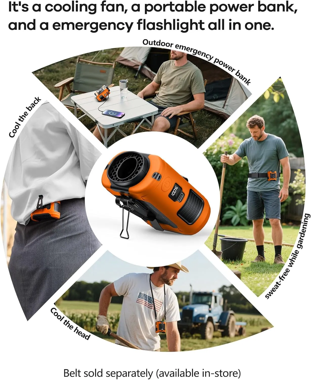 2025 Upgrade Portable Waist Fan Clip on 10000mAh Body Wearable Belt Clip Fan Undershirt Personal Cooling Neck Fans with 5 Speeds Flashlight&Power Bank 40H Cooling For Outdoor Camping Travel (Orange)
