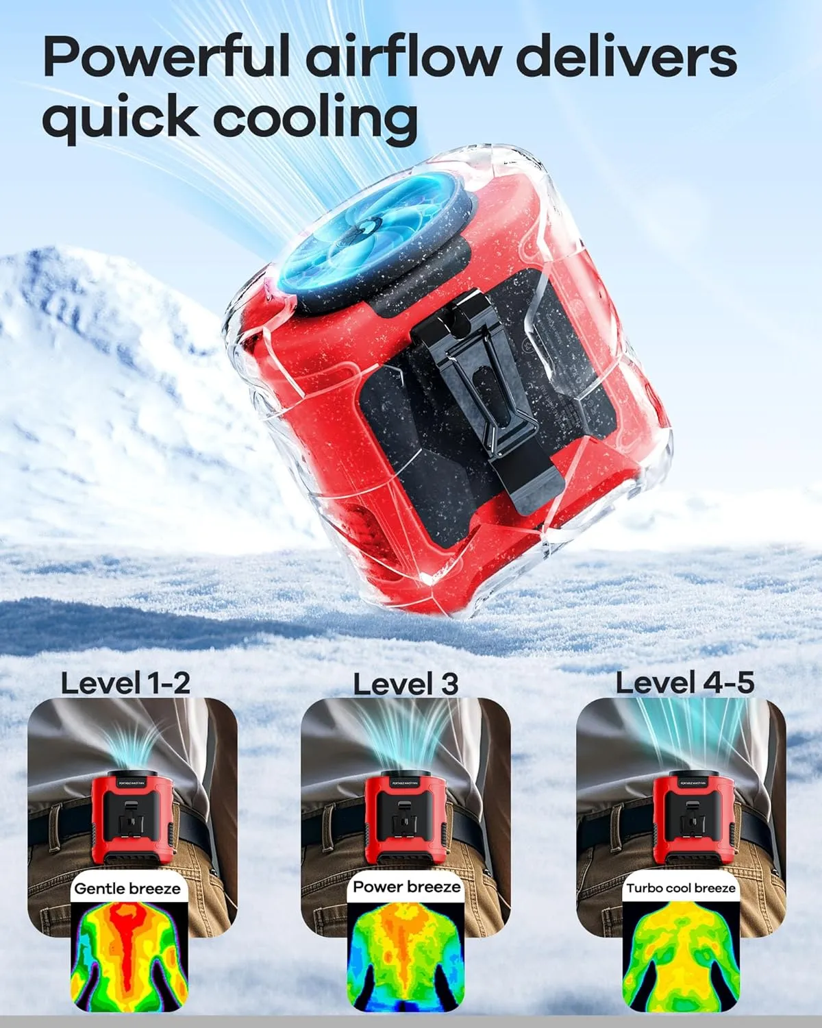 2025 Upgrade Portable Waist Fan Clip on 10000mAh Body Wearable Belt Clip Fan Undershirt Personal Cooling Neck Fans with 5 Speeds Flashlight&Power Bank 40H Cooling For Outdoor Camping Travel (Red)