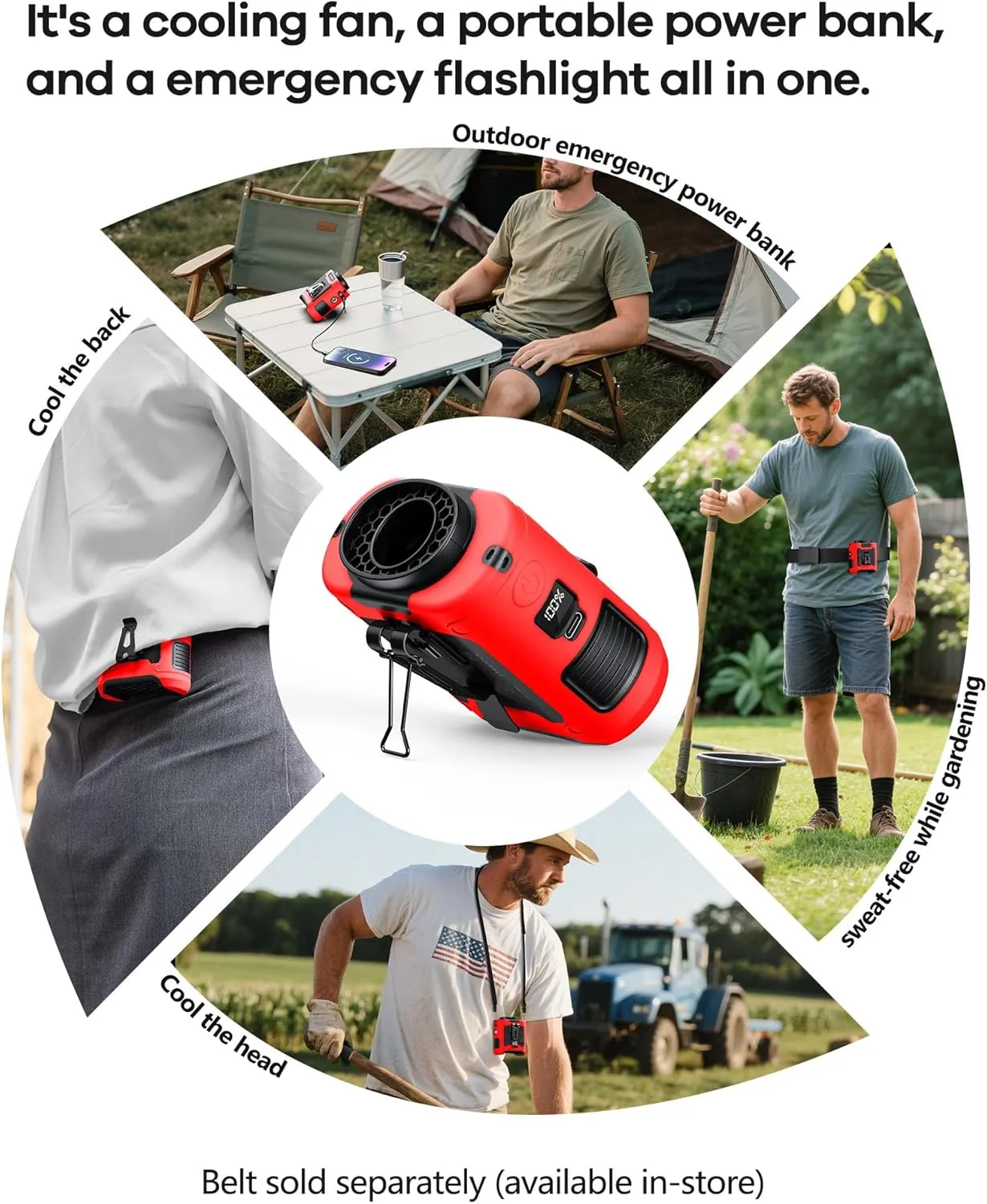 2025 Upgrade Portable Waist Fan Clip on 10000mAh Body Wearable Belt Clip Fan Undershirt Personal Cooling Neck Fans with 5 Speeds Flashlight&Power Bank 40H Cooling For Outdoor Camping Travel (Red)