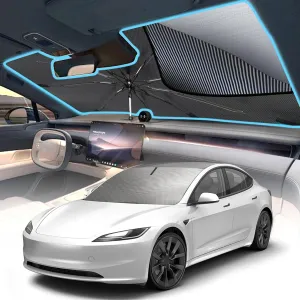[2025 Upgrade] Windshield Sun Shade Umbrella, Foldable Car Sun Shade with Vinyl Coating Heat Shield UV Ray Reflector Keeps Cool and Protect Interior, for Auto Trucks Sedan SUV (57" x 31") Solar-powered car fan for ventilation