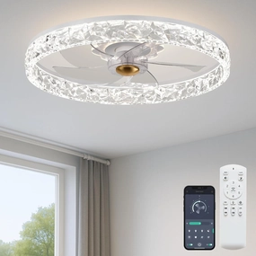 20'' Ceiling Fan with Light, Upgraded Low Profile Fan, Flush Mount Ceiling Fan, 6 Speeds, Dimmable LED, App & Remote Control, Quiet DC Motor, for Bedroom, Living Room, F098 White App-controlled remote fan for convenience