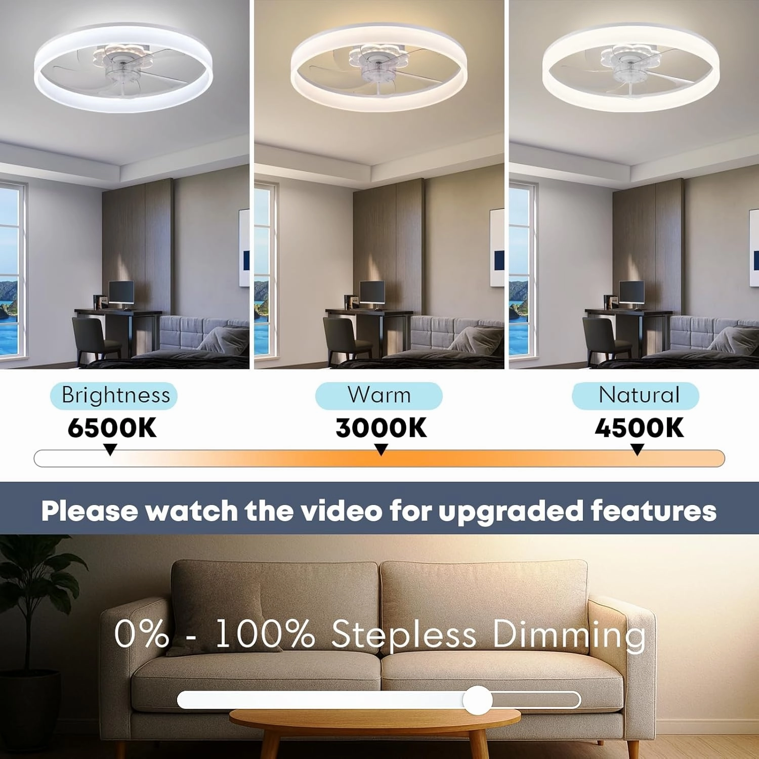 20'' Ceiling Fan with Light, Upgraded Low Profile Fan, Flush Mount Ceiling Fan, 6 Speeds, Dimmable LED, App & Remote Control, Quiet DC Motor, for Bedroom, Living Room, F116 White
