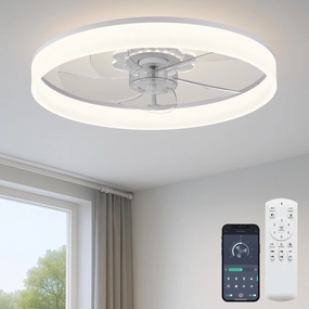 20'' Ceiling Fan with Light, Upgraded Low Profile Fan, Flush Mount Ceiling Fan, 6 Speeds, Dimmable LED, App & Remote Control, Quiet DC Motor, for Bedroom, Living Room, F116 White App-controlled remote fan for convenience