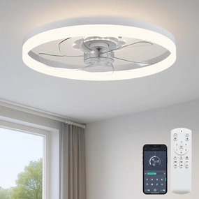 20 Ceiling Fan with Light, Upgraded Low Profile Fan, Flush Mount Ceiling Fan, 6 Speeds, Dimmable LED, App & Remote Control, Quiet DC Motor, for Bedroom, Living Room, F115 White App-controlled remote fan for convenience
