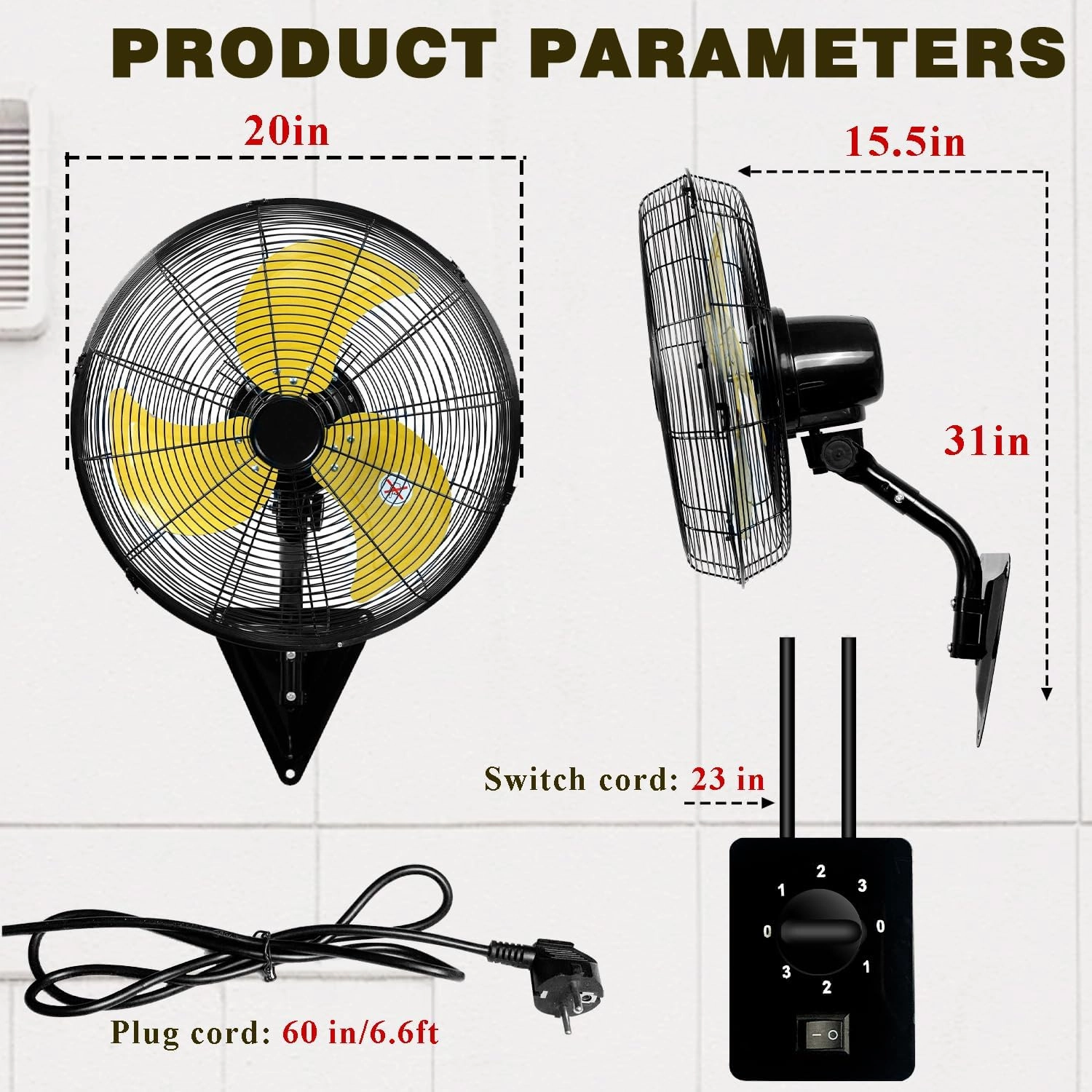 20 Inch Wall Mount Fan, Heavy Duty Oscillating Wall-Mounted Fan with 5500 CFM, High Velocity 3 Speed Fans Outdoor with Adjustable Tilting for Workshop, Garage, Patios, Commercial and Industrial