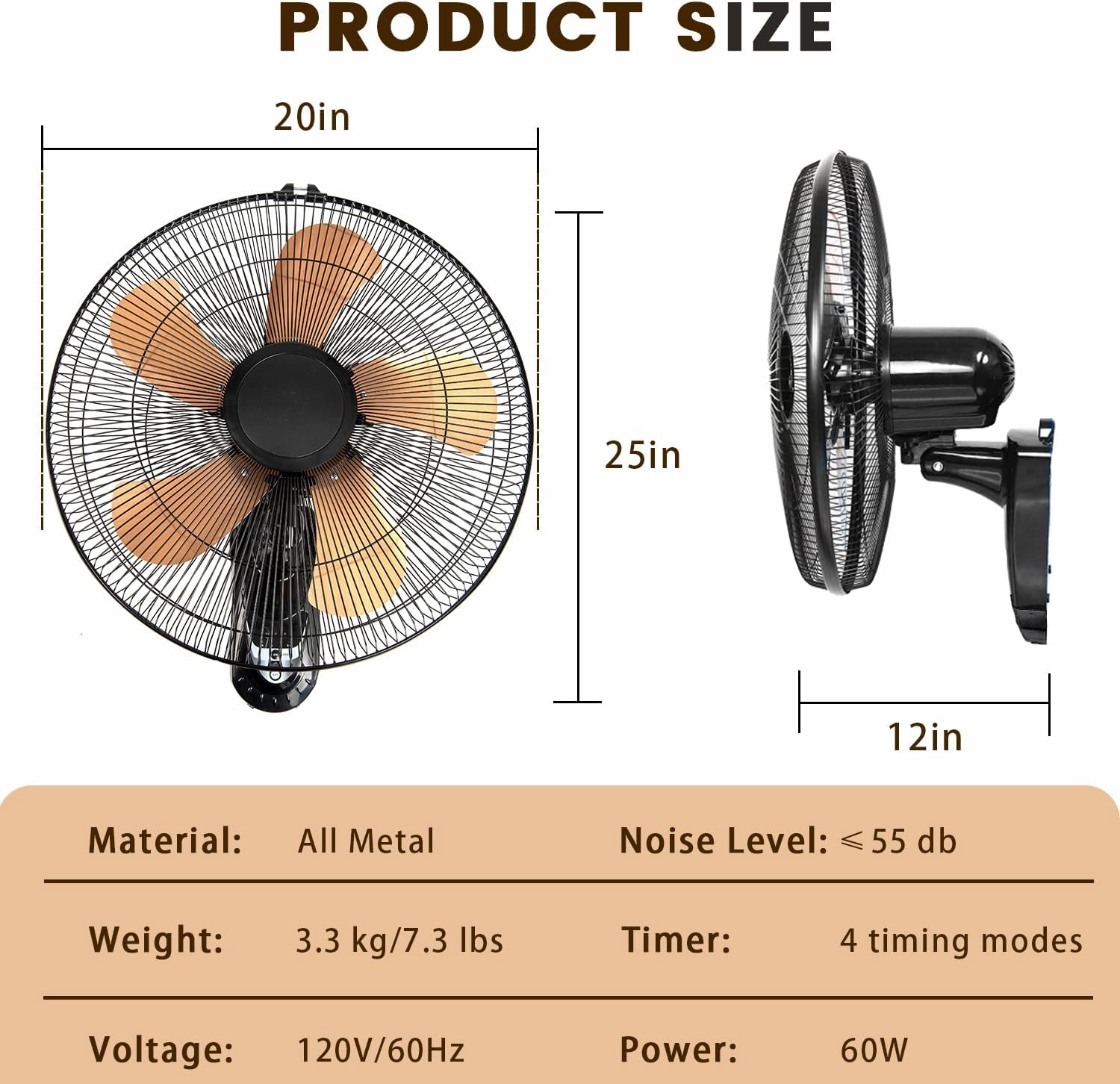20 Inch Wall Mount Fan with Remote, 3-speed Wall Oscillating Quiet Fan with 5 Blades, Adjustable Tilt and Timing, High Velocity Wall-Mounted Fans for Bedroom, Gym, Office, Warehouse, Garage, Gold