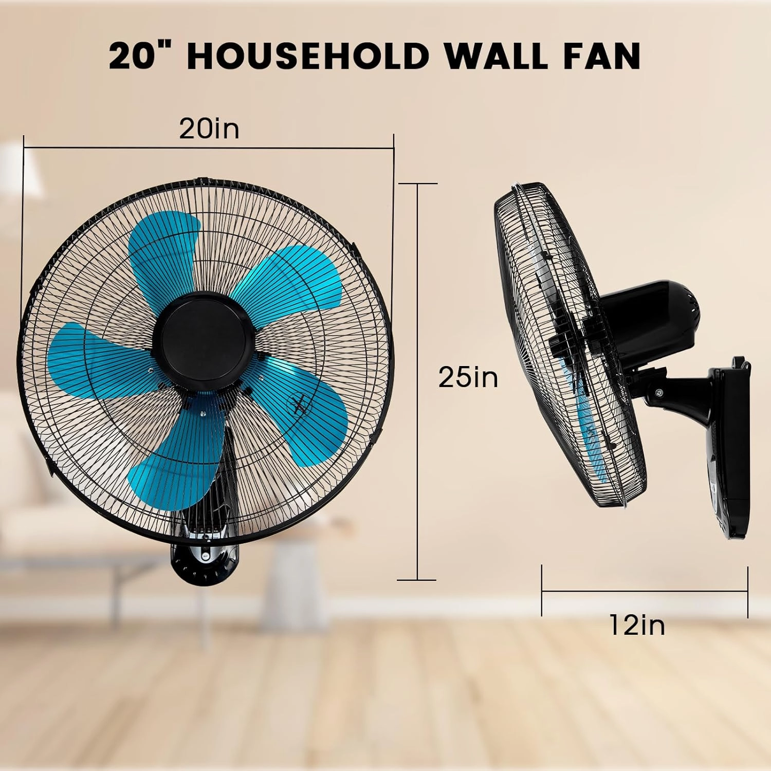20 Inch Wall Mount Fan with Remote Control Wall Mounted Oscillating Fan with 3 Speed Settings,Adjustable Tilt and Timing for Bedroom,Blue 1 Pack