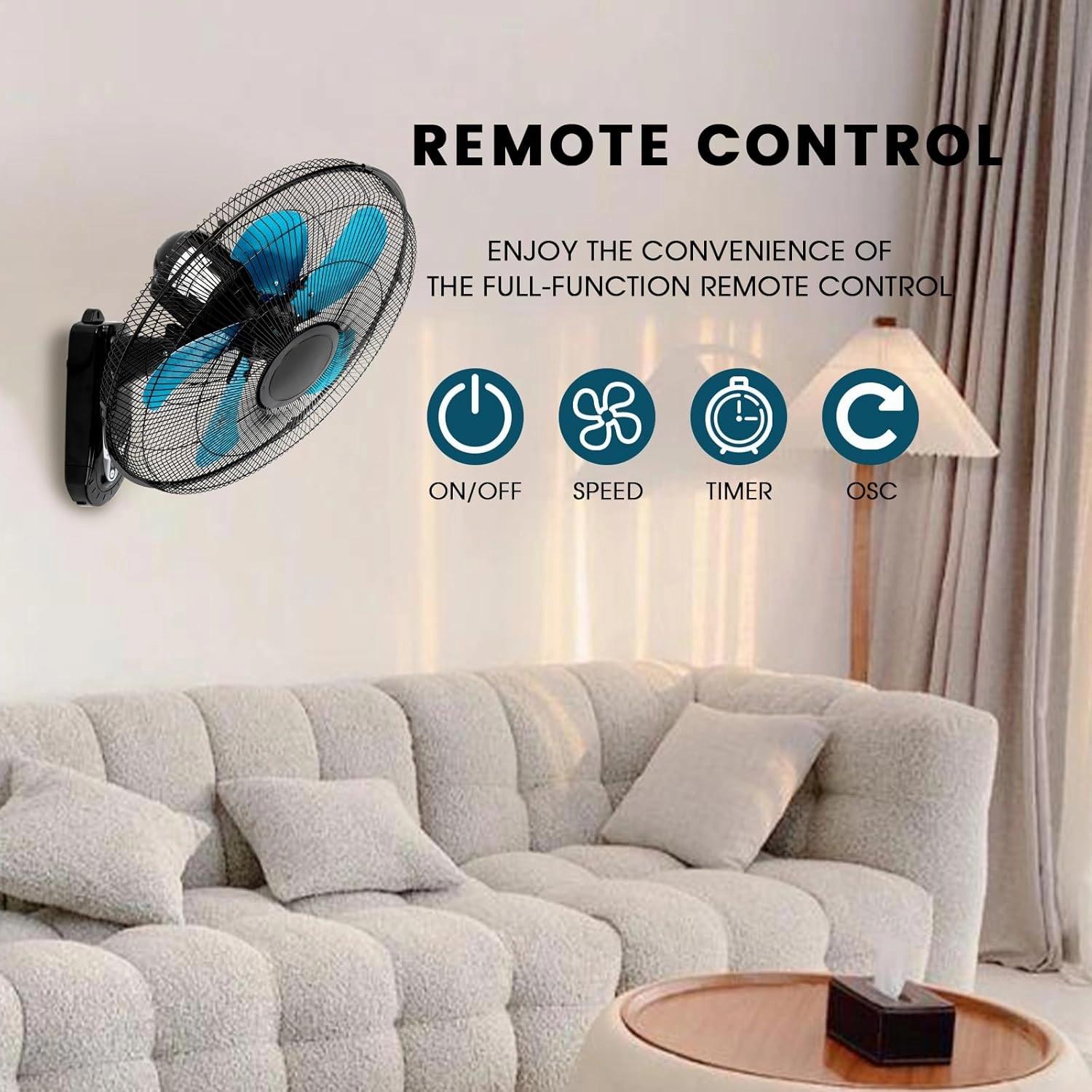 20 Inch Wall Mount Fan with Remote Control Wall Mounted Oscillating Fan with 3 Speed Settings,Adjustable Tilt and Timing for Bedroom,Blue 1 Pack