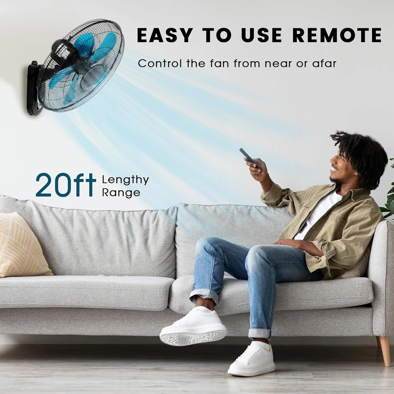 20 Inch Wall Mount Fan with Remote Control Wall Mounted Oscillating Fan with 3 Speed Settings,Adjustable Tilt and Timing for Bedroom,Blue 1 Pack