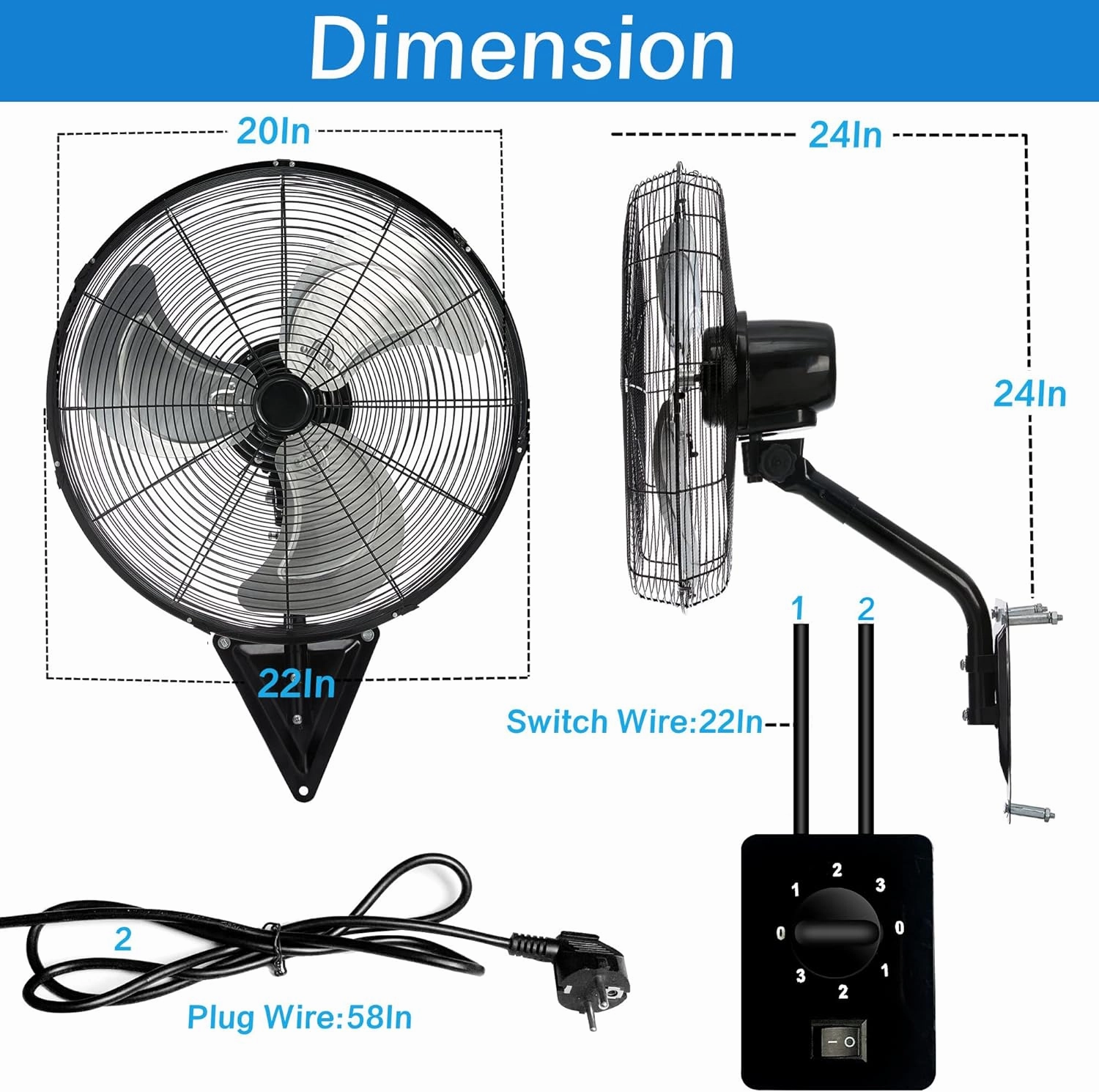 20 Wall Mount Fan 7000 CFM High Velocity Wall Industrial Fan 120 Oscillating Fans 3-Speed for Household, Commercial Use - ETL Listed, Black