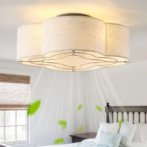 20" Boho Ceiling Fan with Light, Rattan Caged Flush Mount Ceiling Fan with Light Remote Control, Enclosed with 6 Speeds for Bedroom, Living Room, Foyer, Nursery (Beige) Fan with safety blade design