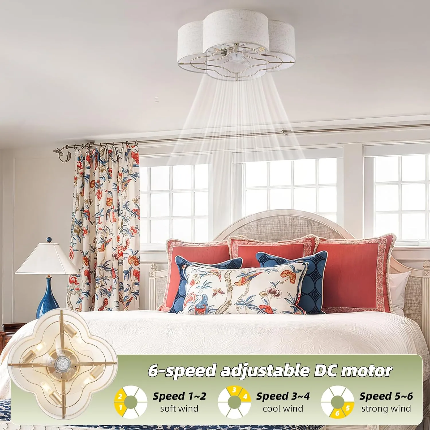 20" Boho Ceiling Fan with Light, Rattan Caged Flush Mount Ceiling Fan with Light Remote Control, Enclosed with 6 Speeds for Bedroom, Living Room, Foyer, Nursery (Beige)