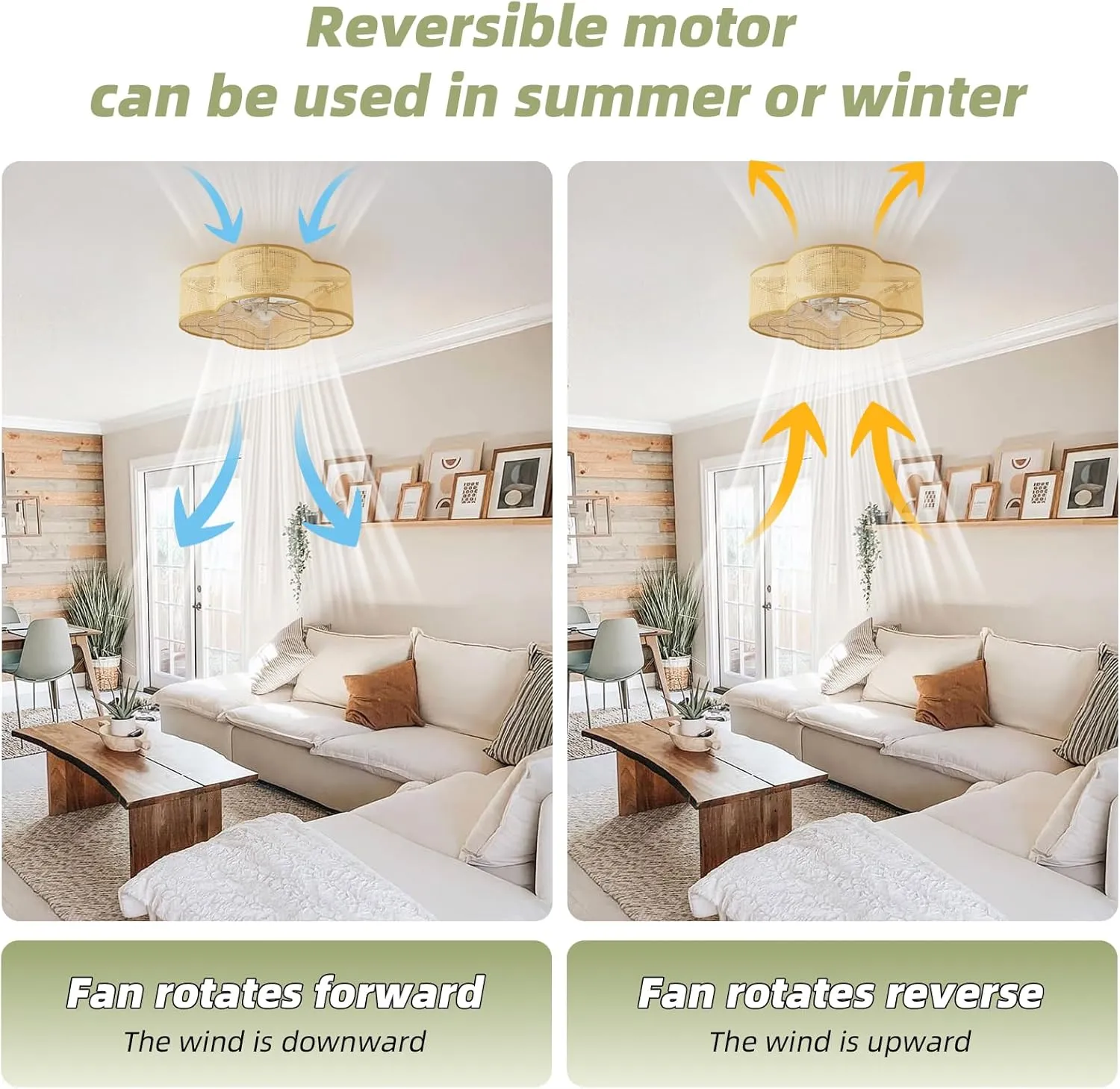 20" Boho Ceiling Fan with Light, Rattan Flush Mount Ceiling Fan with Light Remote Control, Caged Enclosed with 6 Speeds for Bedroom, Living Room, Foyer, Nursery (Gold)