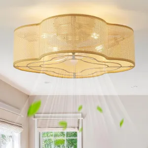 20" Boho Ceiling Fan with Light, Rattan Flush Mount Ceiling Fan with Light Remote Control, Caged Enclosed with 6 Speeds for Bedroom, Living Room, Foyer, Nursery (Gold) Fan with safety blade design