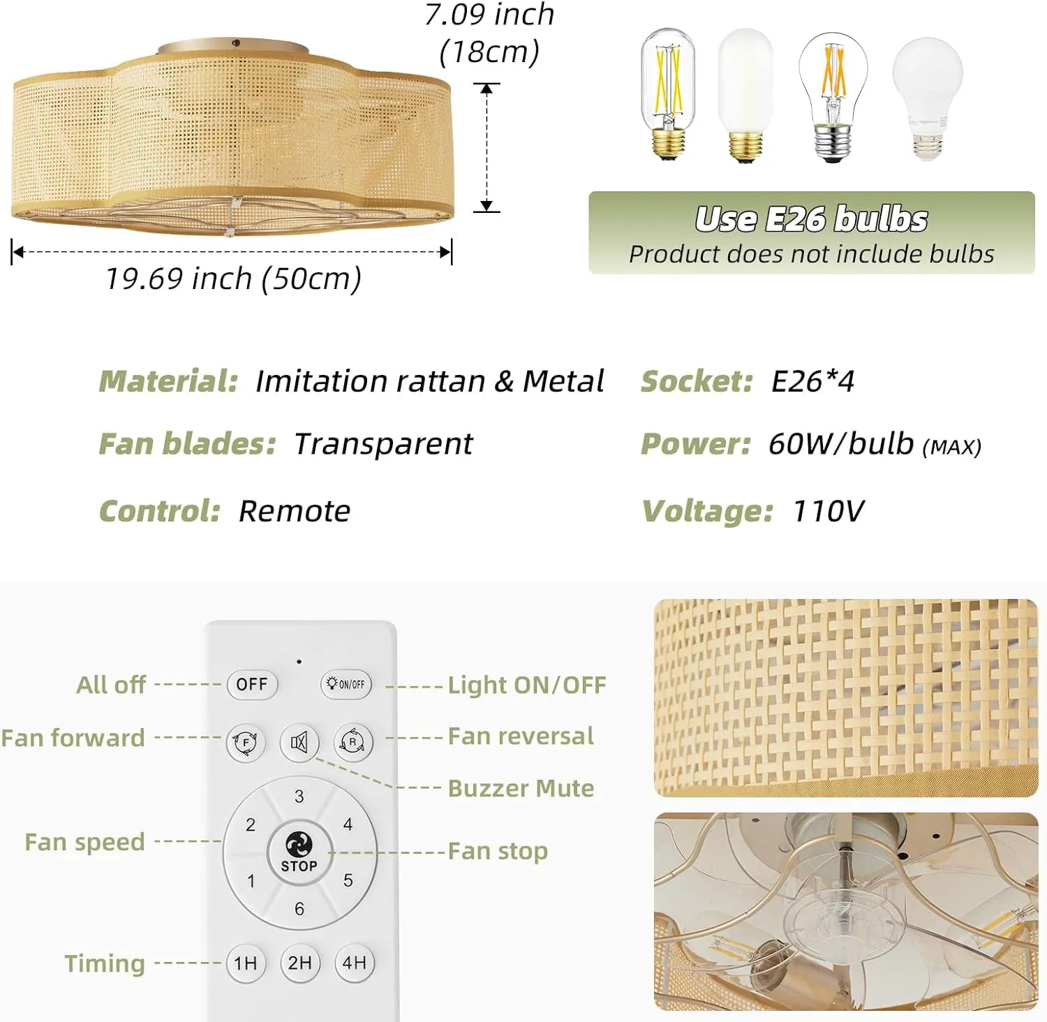 20" Boho Ceiling Fan with Light, Rattan Flush Mount Ceiling Fan with Light Remote Control, Caged Enclosed with 6 Speeds for Bedroom, Living Room, Foyer, Nursery (Gold)