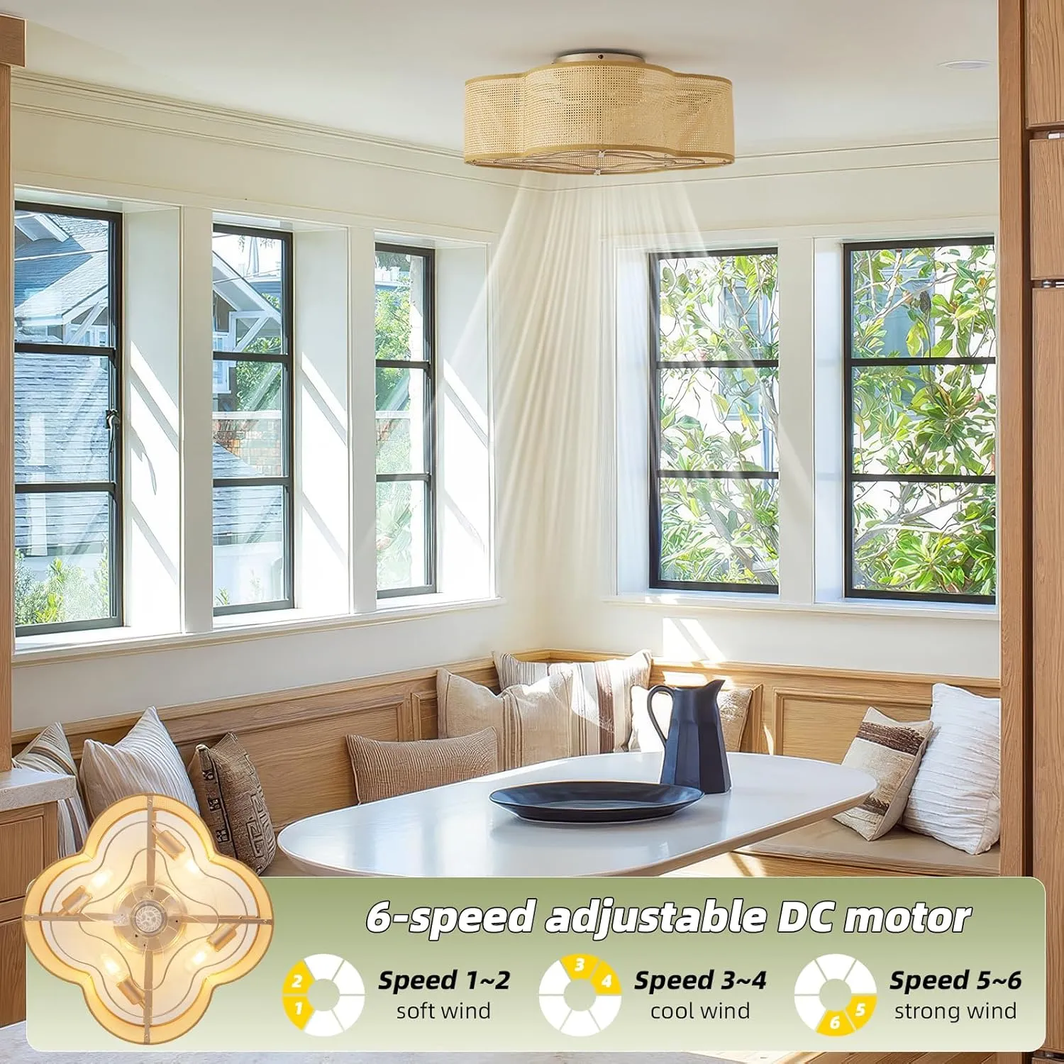 20" Boho Ceiling Fan with Light, Rattan Flush Mount Ceiling Fan with Light Remote Control, Caged Enclosed with 6 Speeds for Bedroom, Living Room, Foyer, Nursery (Gold)