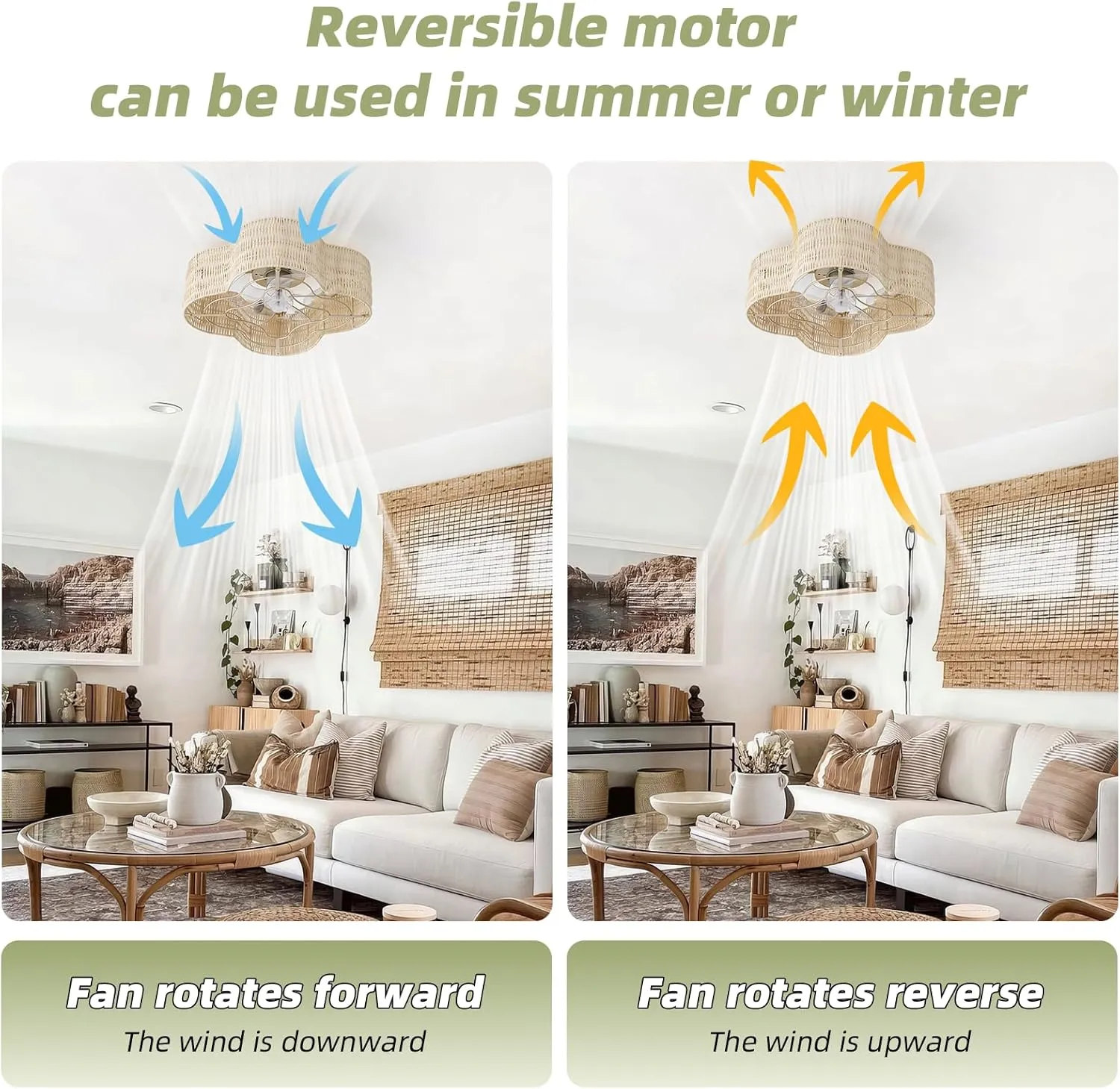 20" Boho Ceiling Fan with Light, Rattan Flush Mount Ceiling Fan with Light Remote Control, Caged Enclosed with 6 Speeds for Bedroom, Living Room, Foyer, Nursery (Yellow)