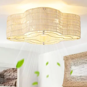 20" Boho Ceiling Fan with Light, Rattan Flush Mount Ceiling Fan with Light Remote Control, Caged Enclosed with 6 Speeds for Bedroom, Living Room, Foyer, Nursery (Yellow) Fan with safety blade design
