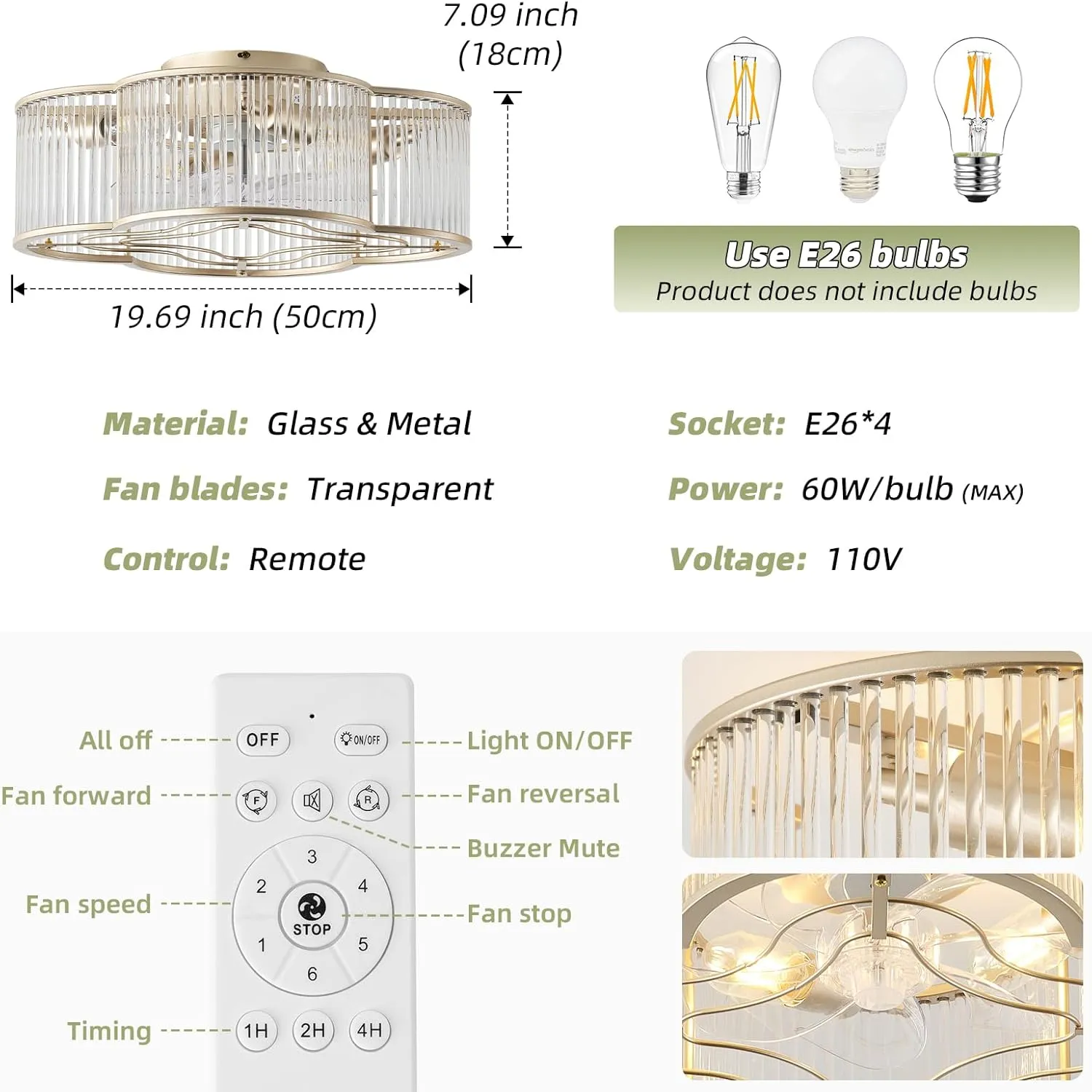 20" Gold Crystal Ceiling Fan with Light, Crystal Flush Mount Ceiling Fan with Light Remote Control, Caged Enclosed with 6 Speeds for Bedroom, Living Room, Foyer, Nursery (Clear)