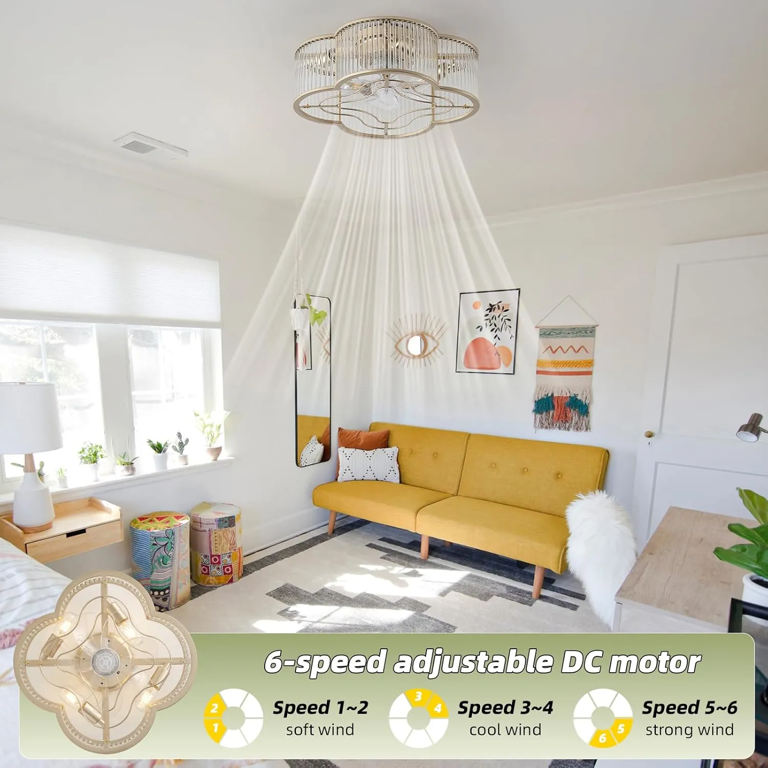 20" Gold Crystal Ceiling Fan with Light, Crystal Flush Mount Ceiling Fan with Light Remote Control, Caged Enclosed with 6 Speeds for Bedroom, Living Room, Foyer, Nursery (Clear)