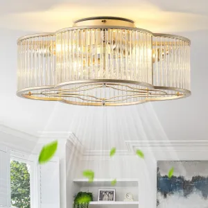 20" Gold Crystal Ceiling Fan with Light, Crystal Flush Mount Ceiling Fan with Light Remote Control, Caged Enclosed with 6 Speeds for Bedroom, Living Room, Foyer, Nursery (Clear) Fan with safety blade design