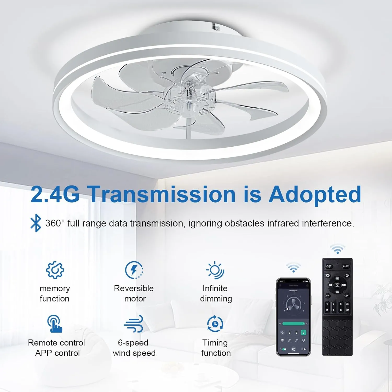20" Modern White Transparent Smart Ceiling Fan with Lights, 6 Speeds, Dimmable LED, Remote & App Control, Ideal for Bedroom, Living Room, Kitchen