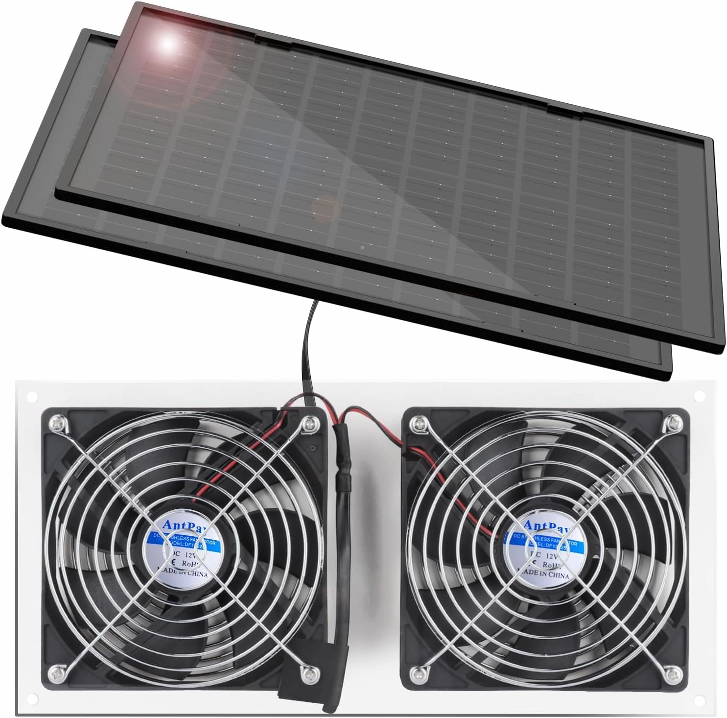 20W Solar Powered Fan Kit, IPX7 Weatherproof Dual Fan, Solar Exhaust Intake Cooling Ventilation for Chicken Coop,Greenhouse,Shed,Pet House,Outside with 11Ft/3.5m On/Off Switch Cable Solar-powered car fan for ventilation