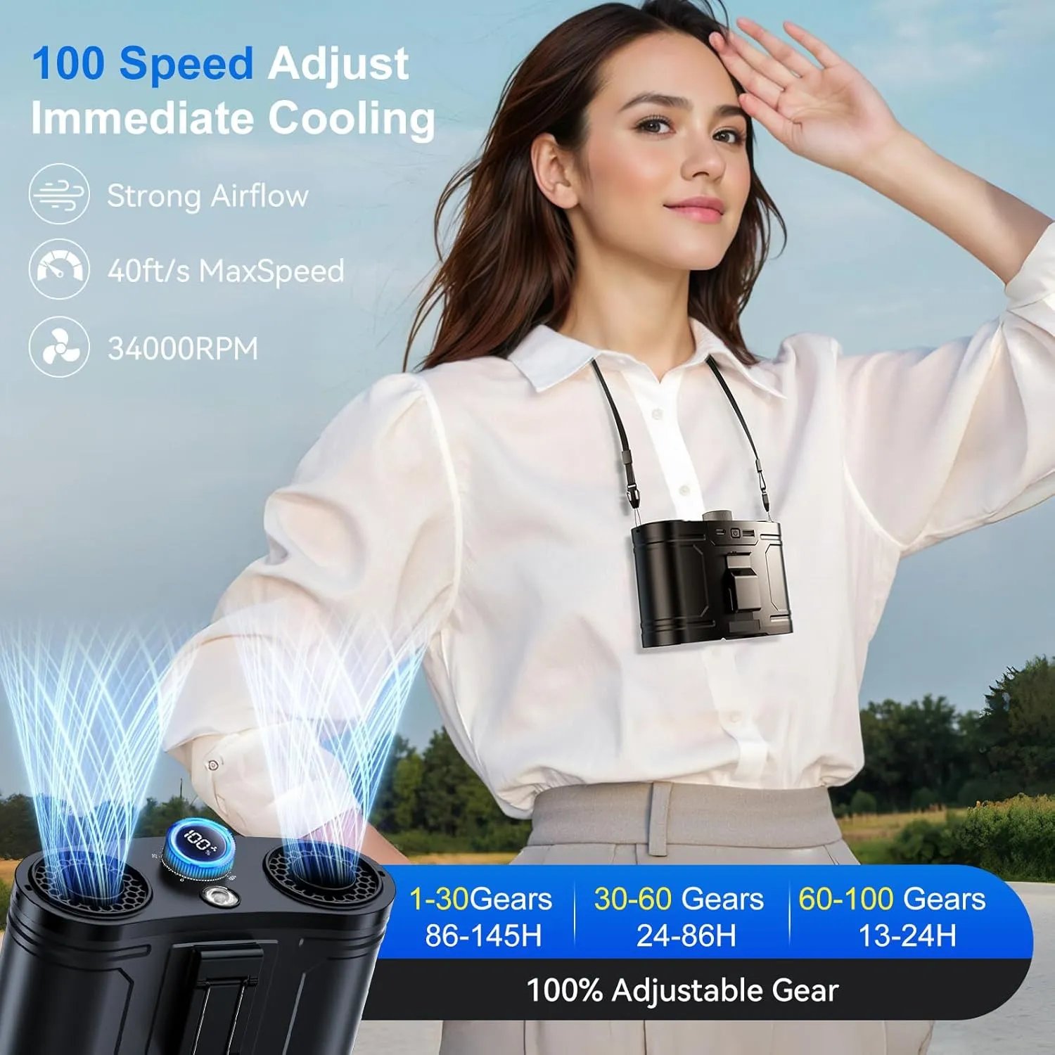 21000MAh Portable Waist Fan, 100 Speeds 34000RPM Strong Airflow, Belt Fan with up to 145H of Working Time, Flashlight Hands-Free Hanging Neck Fans,Rechargeable Wearable Personal Fans for Outdoor