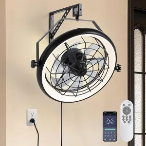 23" Wall Mount Fan with Remote App Control, Quiet 6 Speed Wall Mounted Fan with Light and Timer, 3 Color Dimmable, 360 Adjustable Tilt Plug in Ceiling Fan for Garage, Home, Greenhouse, Patio App-controlled remote fan for convenience