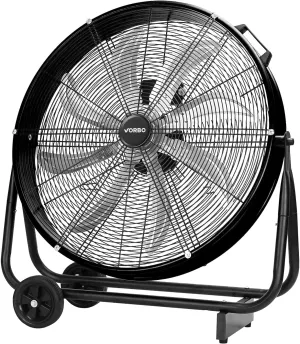 24 Inch Industrial Drum Fan, 9,500 CFM High Velocity 3-Speed Heavy Duty Metal Air Circulator with Casters Handle for Basement Warehouse Factory Workshops Patios Fan with safety blade design