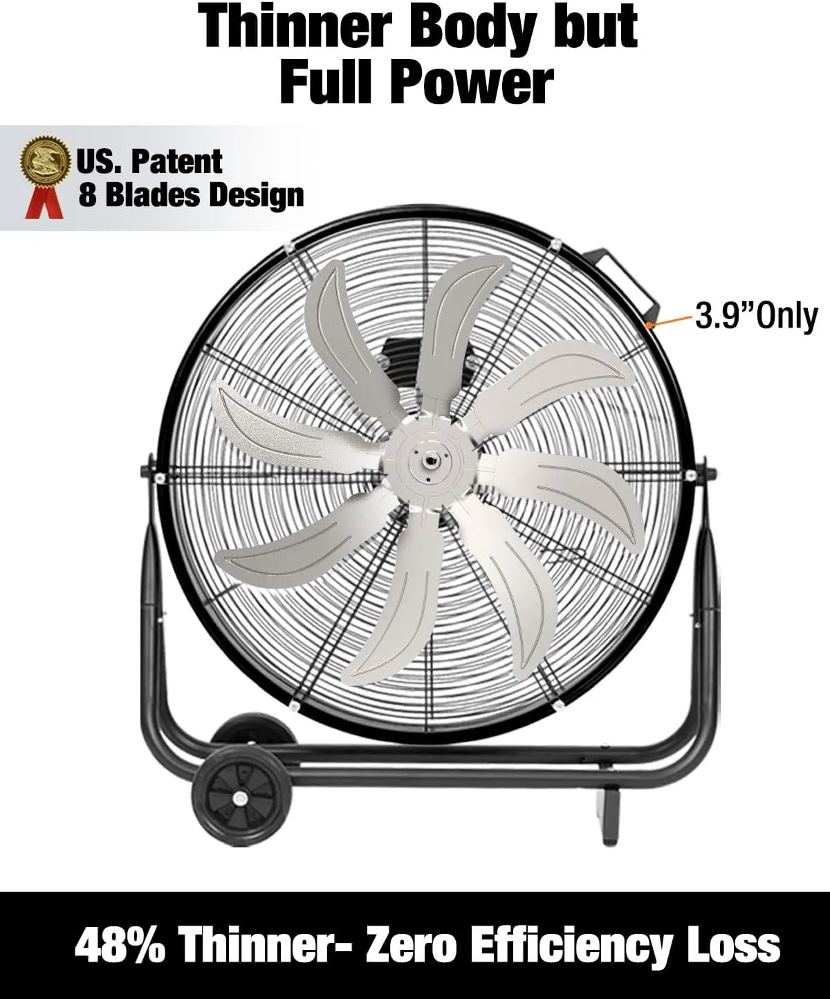 24 Inch Industrial Drum Fan, 9,500 CFM High Velocity 3-Speed Heavy Duty Metal Air Circulator with Casters Handle for Basement Warehouse Factory Workshops Patios