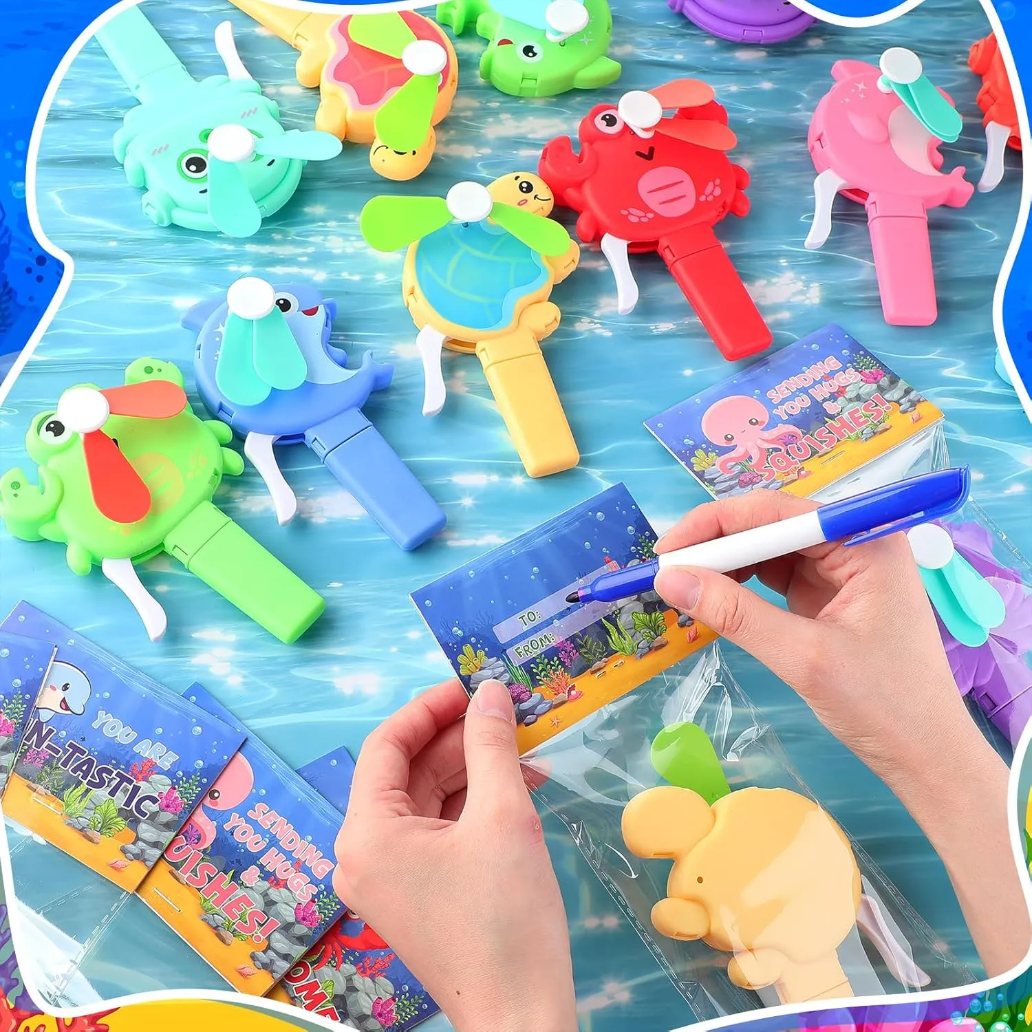 24 Pack Mini Portable Fans with Cards Gifts Cute Animal Fruit Ice Cream Handheld Press Cooling Fans for Summer Birthday Party End of the Year Pool Outdoor Activity Prize Exchange(Sea Animals)