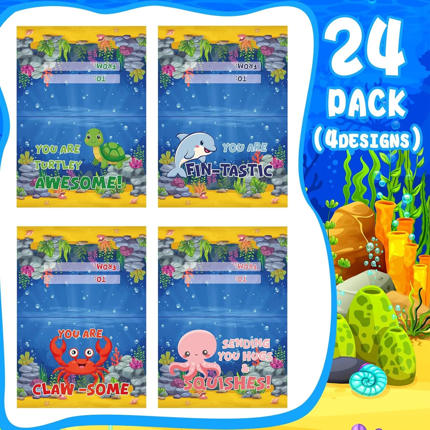 24 Pack Mini Portable Fans with Cards Gifts Cute Animal Fruit Ice Cream Handheld Press Cooling Fans for Summer Birthday Party End of the Year Pool Outdoor Activity Prize Exchange(Sea Animals)