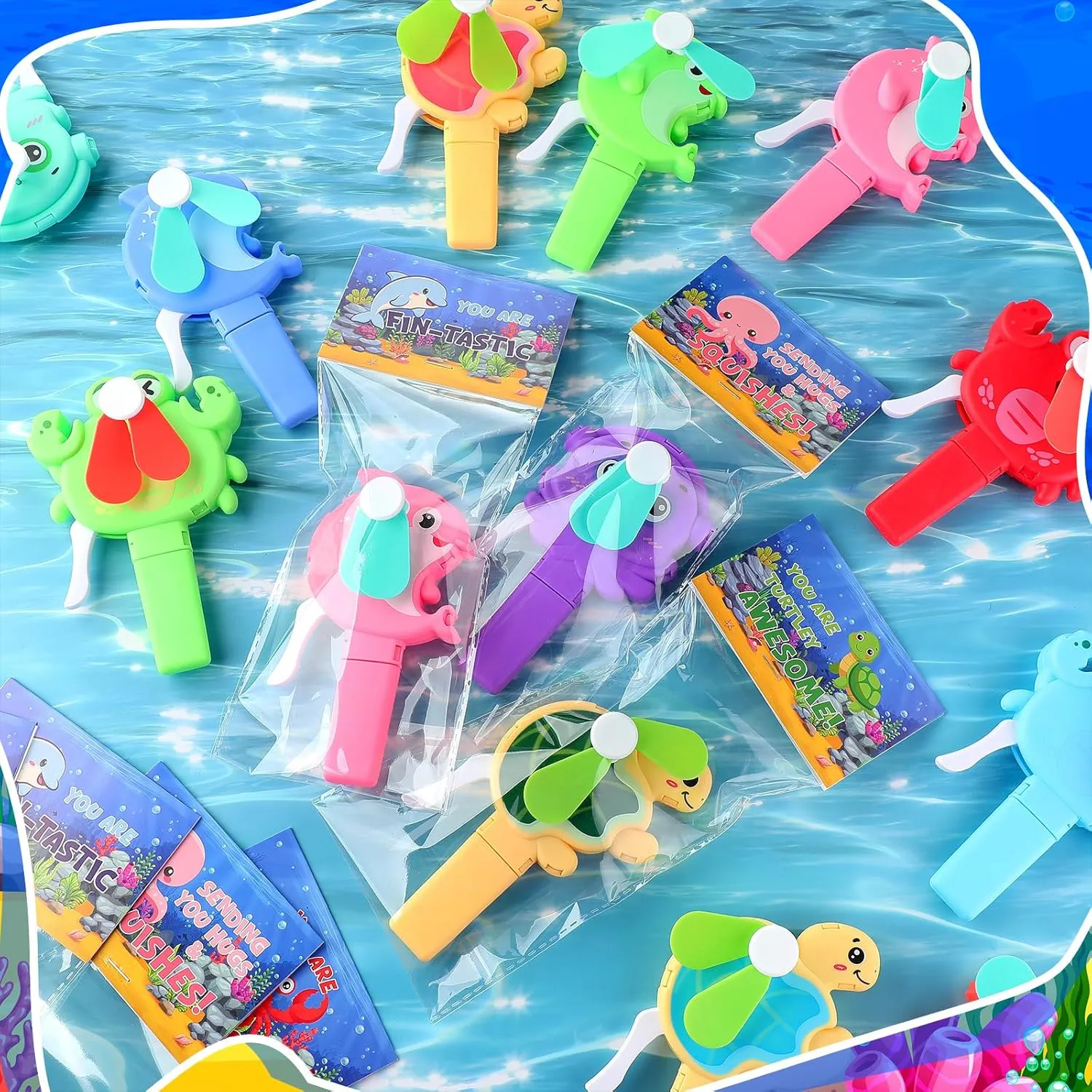 24 Pack Mini Portable Fans with Cards Gifts Cute Animal Fruit Ice Cream Handheld Press Cooling Fans for Summer Birthday Party End of the Year Pool Outdoor Activity Prize Exchange(Sea Animals)