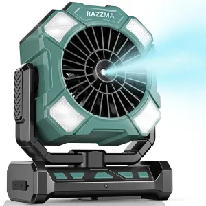24000mAh Battery Operated Portable Misting Fan with 8M Remote Control, 4 Wind Speeds, 300ml Water Capacity, 3 Lighting Modes, Ideal for Camping, Outdoor & Industrial Use-Cyan01 Battery-powered portable fan