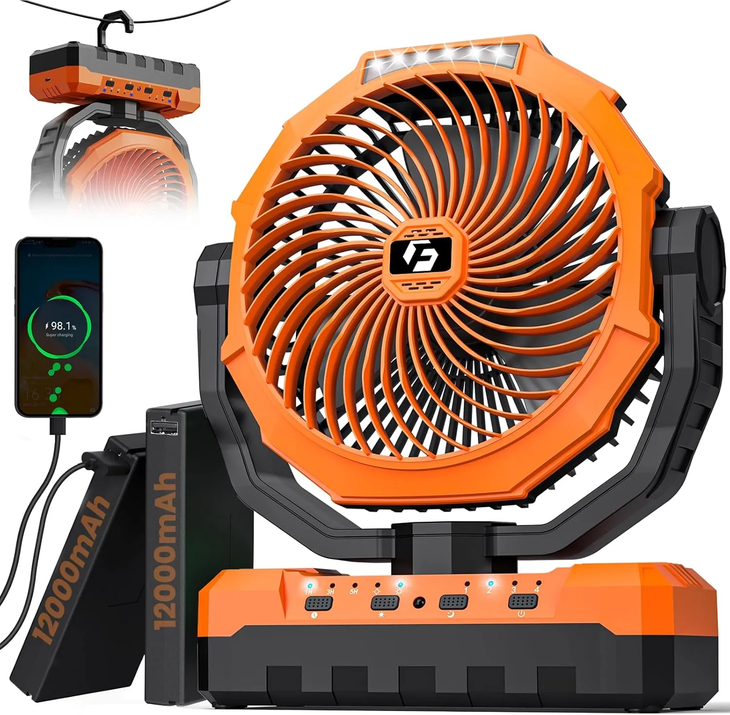24000mAh Camping Fan - Detachable Rechargeable Battery Operated Fan with Light & Hook for Tent, Outdoor - USB Table Fan with 4 Speeds for Picnic, BBQ, Fishing, Travel, Hurricane Battery-powered portable fan