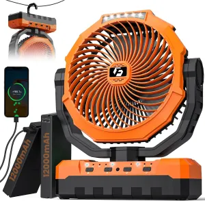 24000mAh Camping Fan - Detachable Rechargeable Battery Operated Fan with Light & Hook for Tent, Outdoor - USB Table Fan with 4 Speeds for Picnic, BBQ, Fishing, Travel, Hurricane Battery-powered portable fan