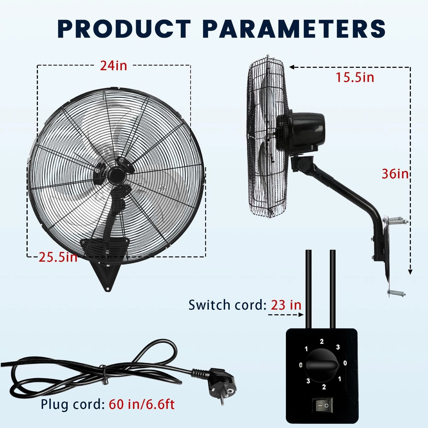 24 Inch Wall Mount Fan, Heavy Duty Oscillating Wall-Mounted Fan with 8500 CFM, High Velocity 3 Speed Fans Indoor with Adjustable Tilting for Workshop, Garage, Patios, Commercial and Industrial