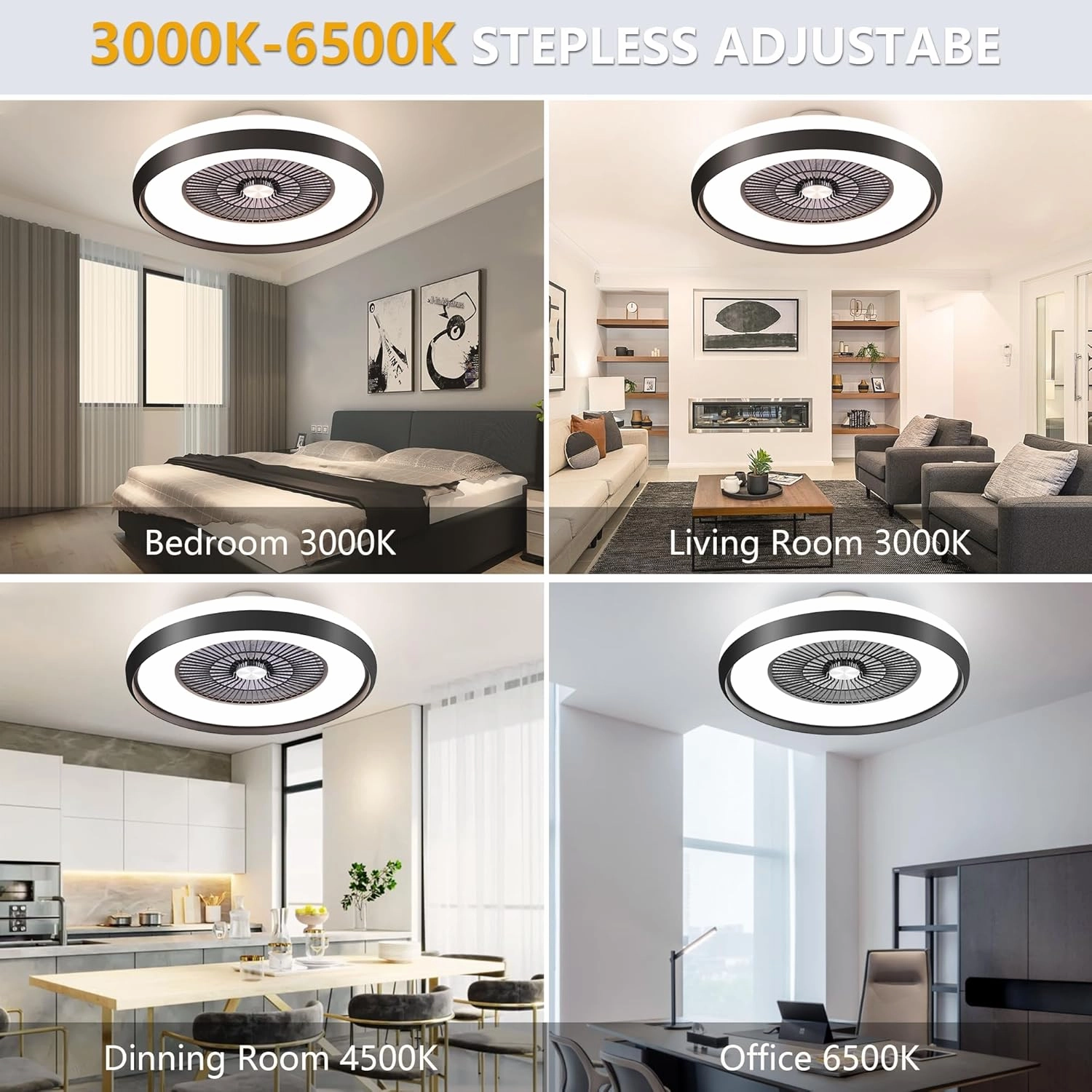 24" Bladeless Ceiling Fan with Light, Low Profile Ceiling Fan, Flush Mount Ceilings Fans with Remote & App Controll,6 Speeds Timing Reversible, Enclosed for 3-Dimmable Light