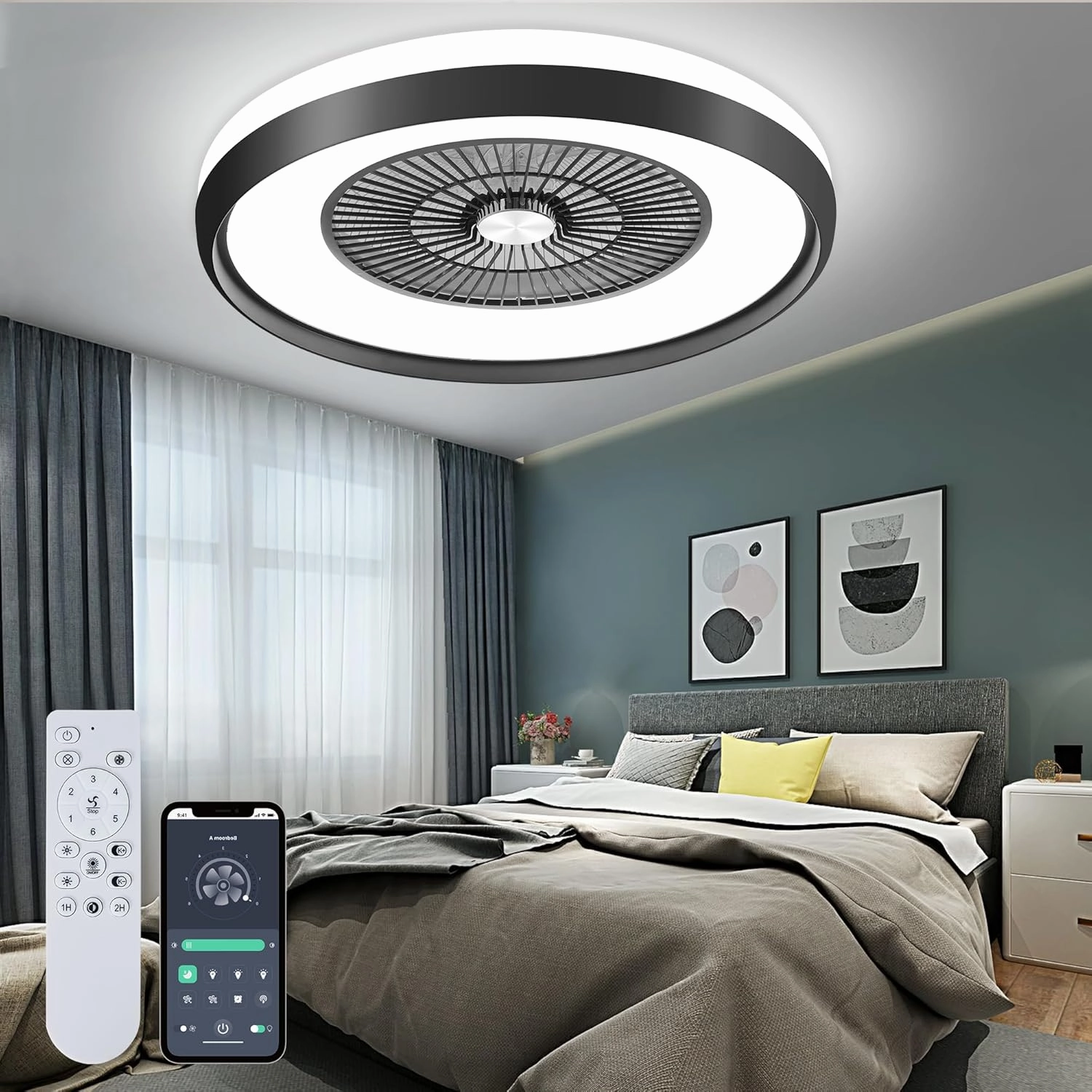 24" Bladeless Ceiling Fan with Light, Low Profile Ceiling Fan, Flush Mount Ceilings Fans with Remote & App Controll,6 Speeds Timing Reversible, Enclosed for 3-Dimmable Light